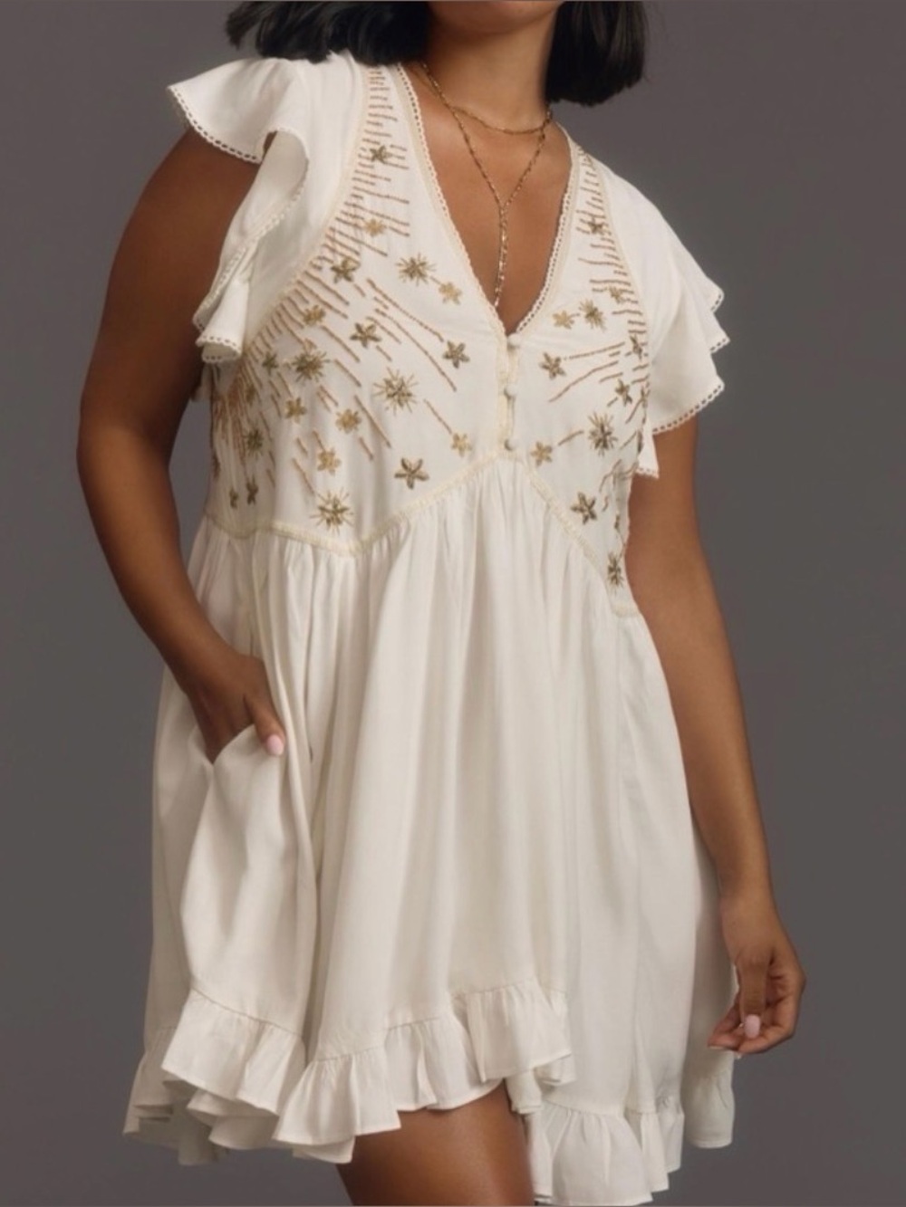 Anthropologie V-Neck Sequin Deco Swing Dress Ivory Combo Embellished Mini Size M